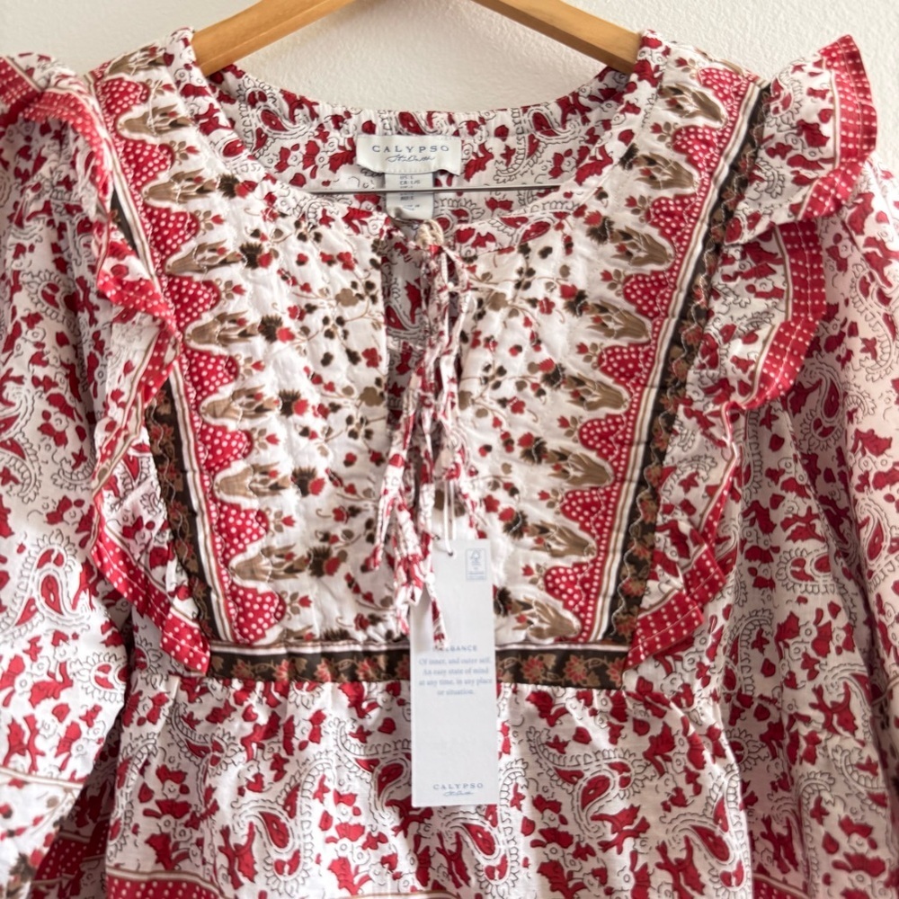 NWT Calypso St. Barth Red Puff Sleeve Quilted Boho Ruffle Top size Large - Picture 5 of 11